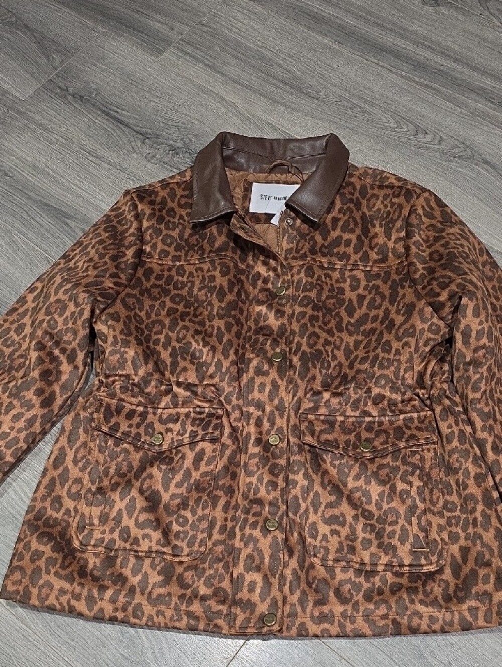 NWT Steve Madden Leopard Print Brown Jacket with Faux Leather Collar